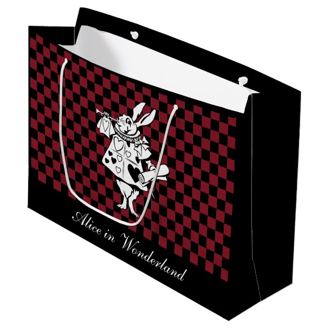 Custom Text Alice in Wonderland White Rabbit Check Large Gift Bag (Front Angled)