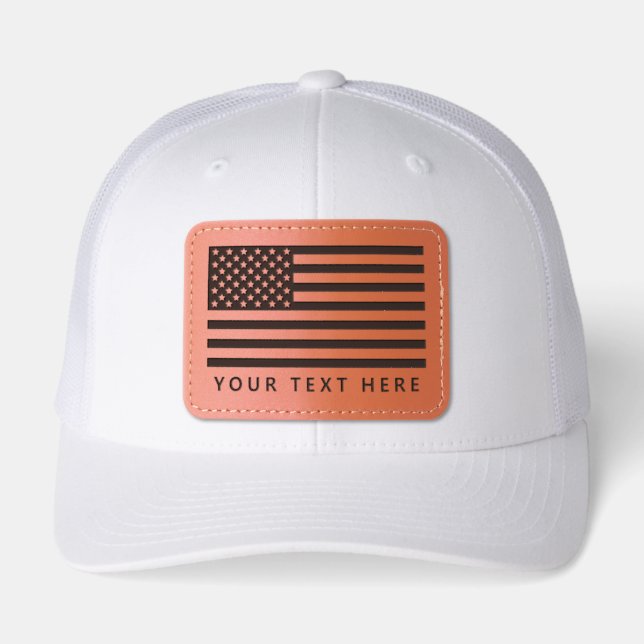 Custom Text American Flag Patriotic Leather Patch Hat (Front)