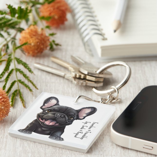 Custom text and background, 🐶Frenchie puppy Keychain (Front Right)