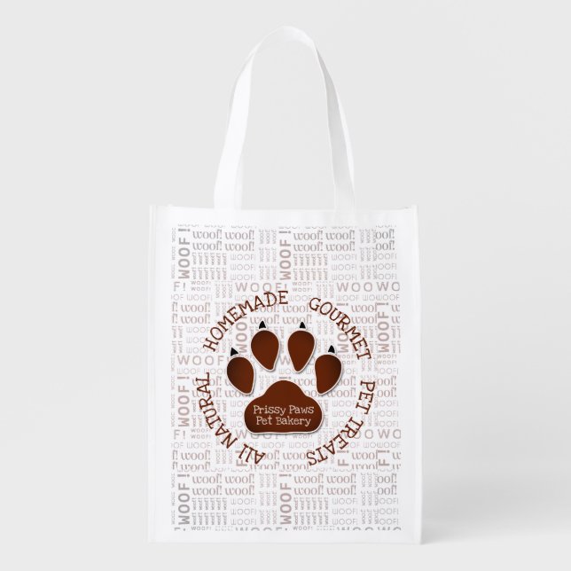 Custom Text and Business Name Brown Paw Grocery Bag (Front)