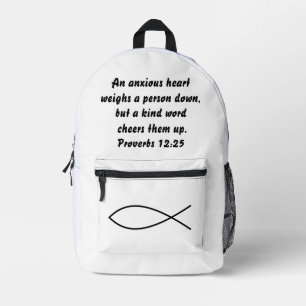 Custom Text And Christian Fish Proverbs 12:25 Printed Backpack