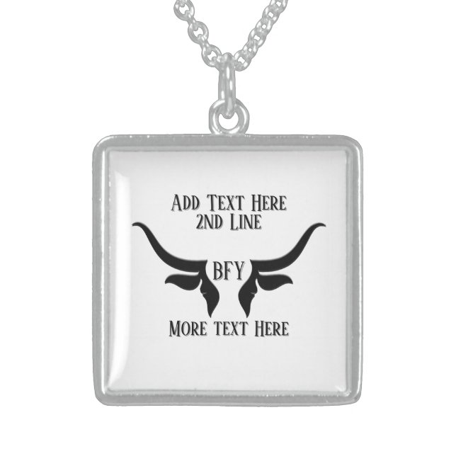 Custom Text and Monogram Bulls Horn Sterling Silver Necklace (Front)