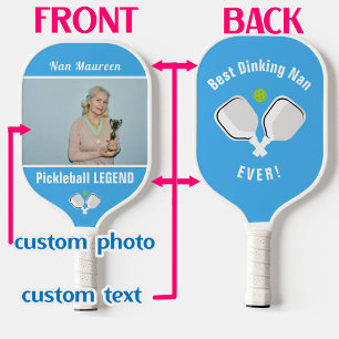 Custom text and photo blue and white pickleball paddle