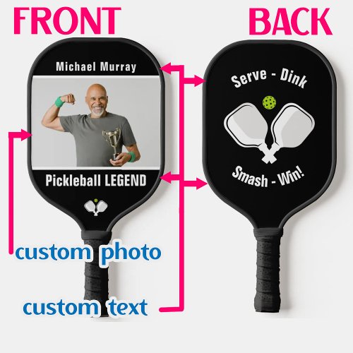 Custom text and photo pickleball paddle