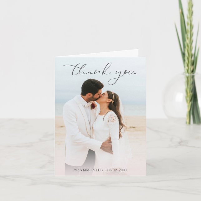 Custom Text and Photo  Script Minimalist Wedding Letterpress Thank You Card (Front)