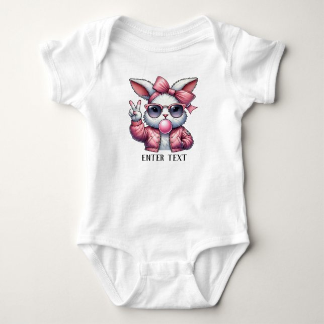 Custom Text Baby Girl Bunny Blowing Bubble Baby Bodysuit (Front)