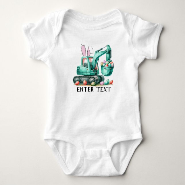 Custom Text Baby Girl Eggs Excavator Construction Bodysuit (Front)