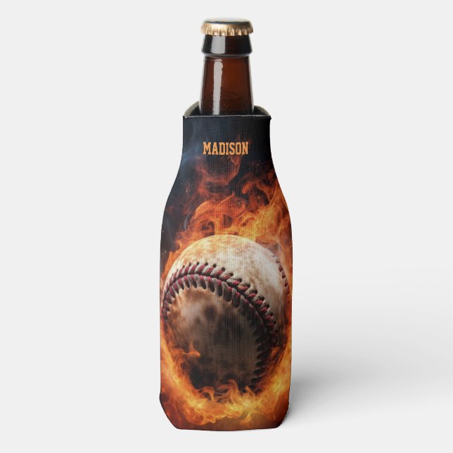Custom Text Baseball on Fire Bottle Cooler (Bottle Front)