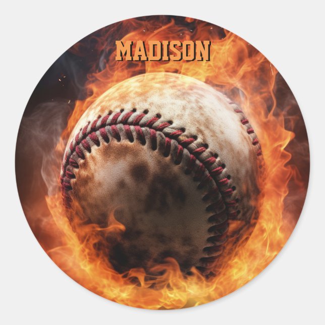 Custom Text Baseball on Fire Classic Round Sticker (Front)