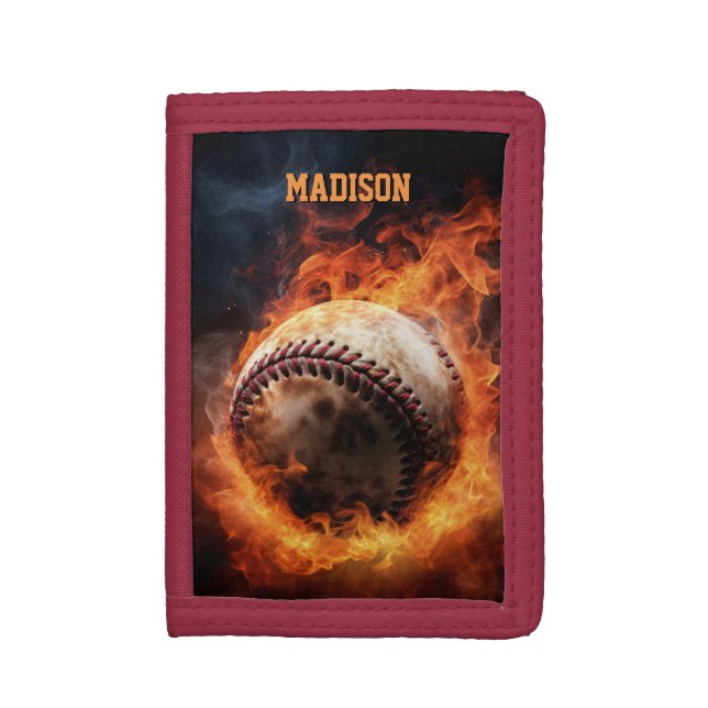 Custom Text Baseball on Fire Trifold Wallet (Front Vertical)