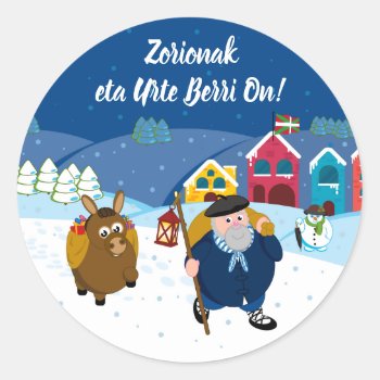 Custom Text Basque Olentzero Christmas Snow Scene: Classic Round Sticker by RWdesigning at Zazzle