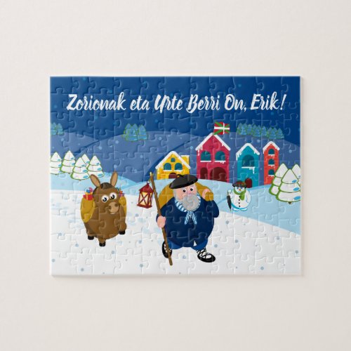 Custom text Basque Olentzero Christmas snow scene Jigsaw Puzzle