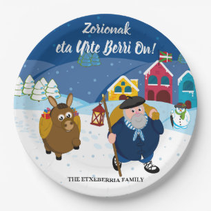 Custom text Basque Olentzero Christmas snow scene: Paper Plates