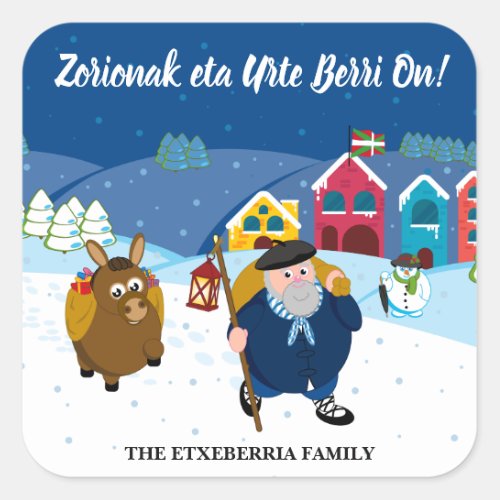 Custom text Basque Olentzero Christmas snow scene Square Sticker