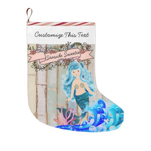 Custom Text Beach Island Ocean Mermaid Glitter Large Christmas Stocking