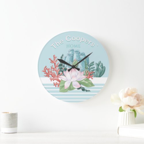 Custom text beautiful coral lotus arrangement large clock