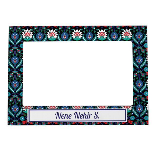 Custom text 💙❤️🖤 Beautiful Iznik Turkish pattern Magnetic Frame (Front)