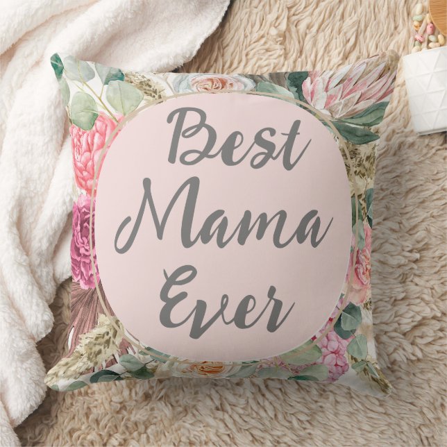 Custom text Best mama ever l Cute mom gift Floral Throw Pillow (Blanket)