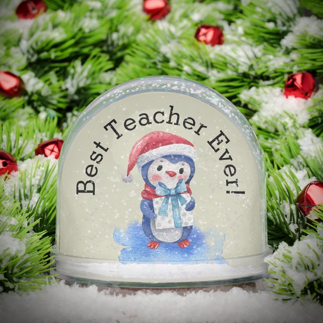 Custom Text, Best Teacher Watercolor Blue Penguin Snow Globe (Creator Uploaded)