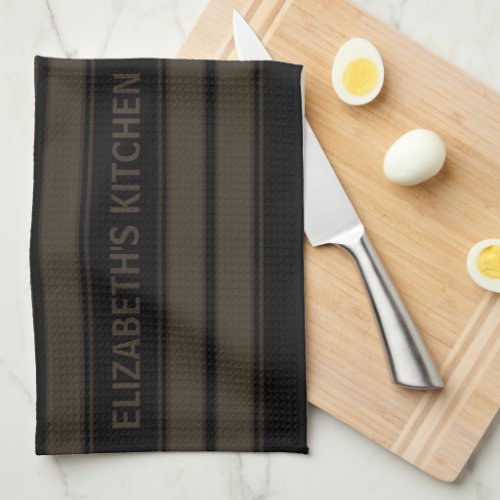 Custom Text Black and Brown Striped Kitchen Towel