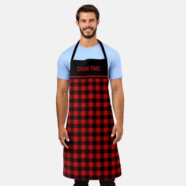 Custom Text Black and Red Buffalo Plaid Apron (Worn)
