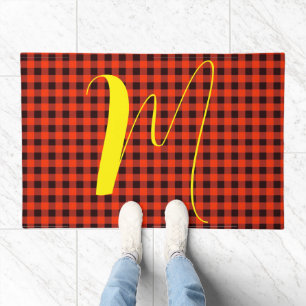 Custom Text, Black and Red Buffalo Plaid Doormat