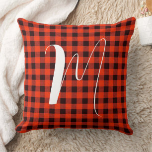 Custom Text, Black and Red Buffalo Plaid Throw Pillow