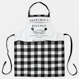 Custom Text, Black and White Buffalo Plaid Kitchen Apron