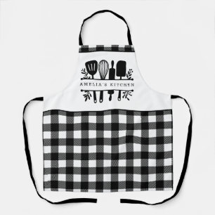 Custom Text Black and White Buffalo Plaid Kitchen Apron