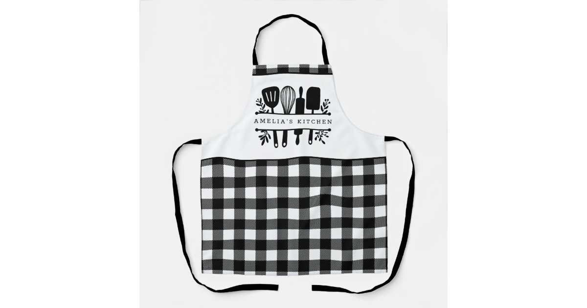 Custom Text, Black and White Buffalo Plaid Kitchen Apron