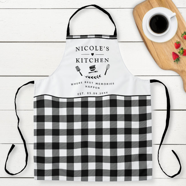 Custom Text, Black and White Buffalo Plaid Kitchen Apron