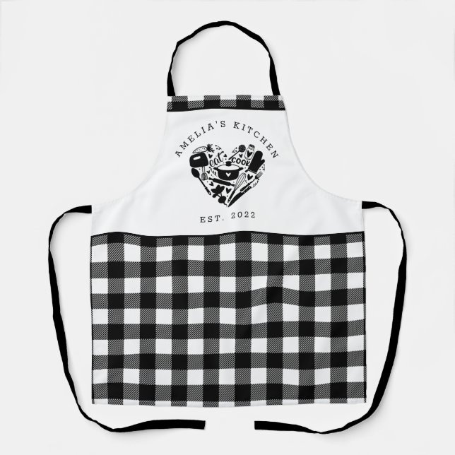 Custom Text Black and White Buffalo Plaid Kitchen Apron (Front)