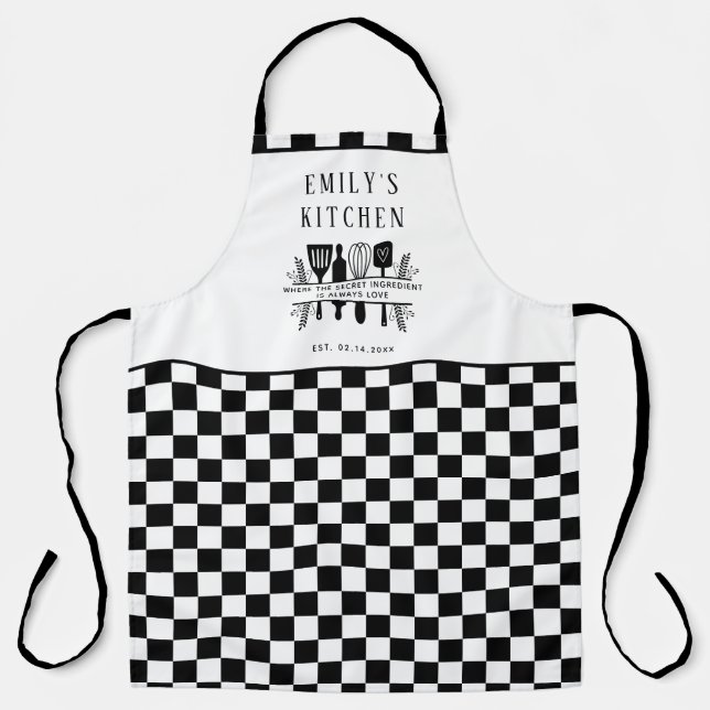 Custom Text, Black and White Checker Plaid Kitchen Apron (Front)