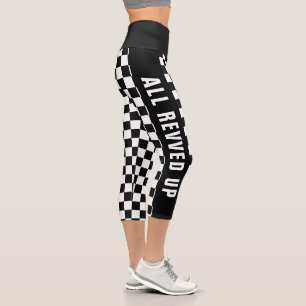 Custom Text Black And White Checkered Flag Pattern Capri Leggings