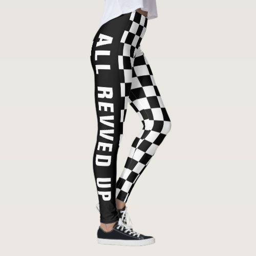 Custom Text Black And White Checkered Flag Pattern Leggings