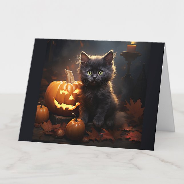 Custom Text Black Kitten, Jack o Lantern Halloween Card (Creator Uploaded)