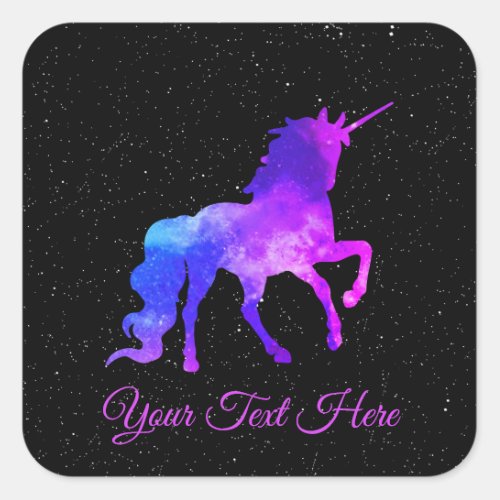 Custom Text BlackPurple Galaxy Unicorn Space Square Sticker