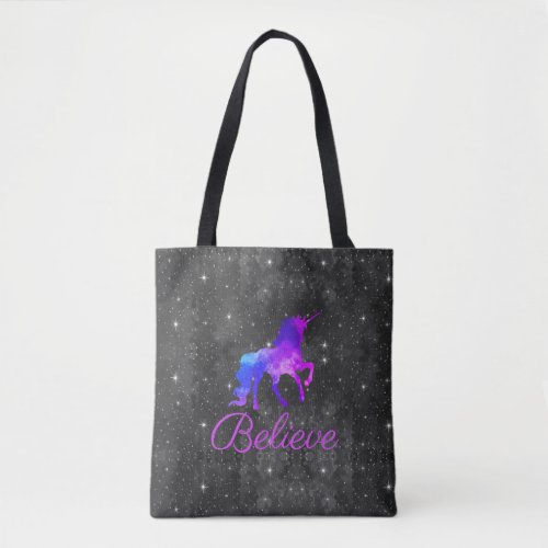 Custom Text BlackPurple Galaxy Unicorn Tote Bag