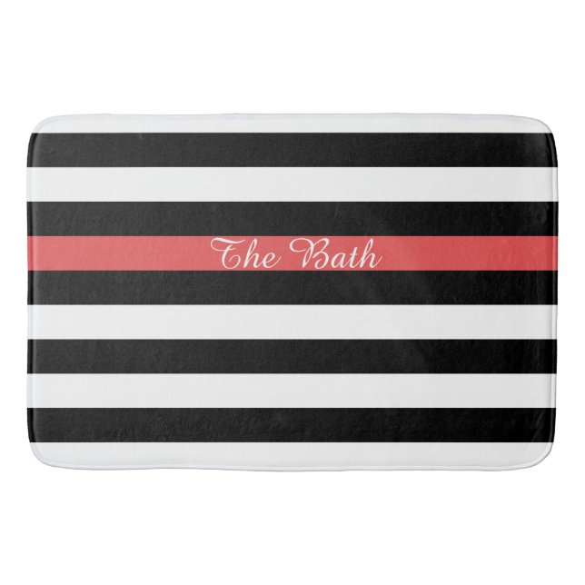 Custom Text Black Red and White Striped Bathroom Mat (Front)