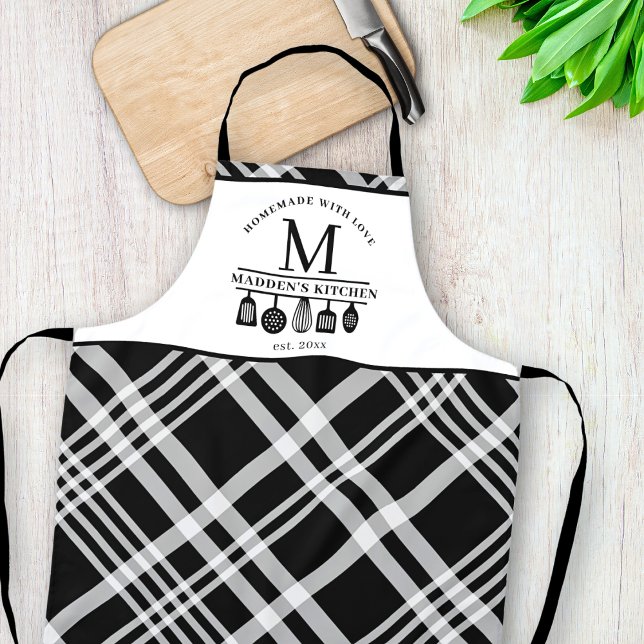 Custom Text | Black White Buffalo Plaid Monogram Apron (Creator Uploaded)