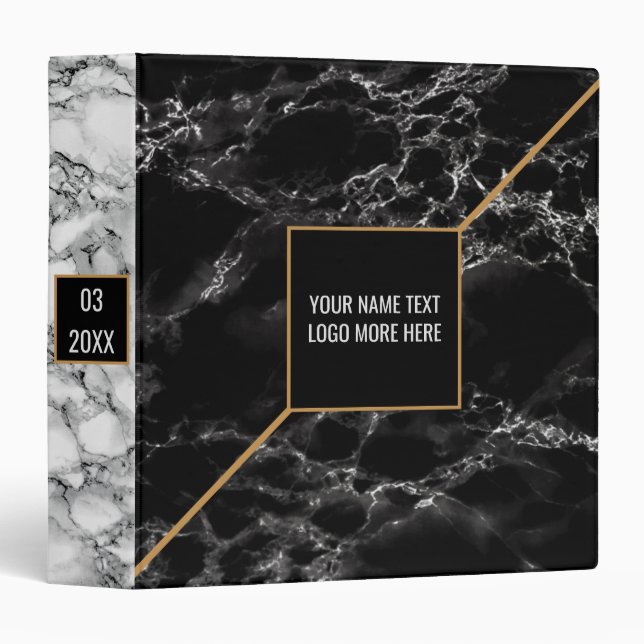 Custom Text Black White Marble Stone - Personalize 3 Ring Binder (Front/Spine)