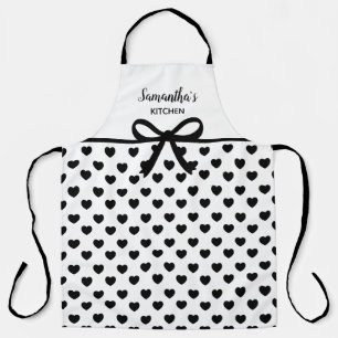 Custom Text Black White Polka Dots Hearts Kitchen Apron