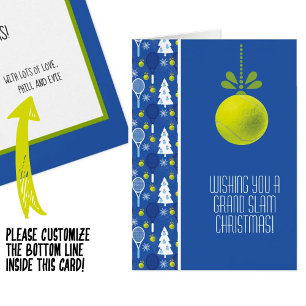 🎾🎄Custom text,  blue and  green Tennis bauble Cards