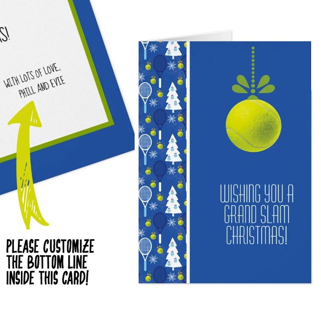 🎾🎄Custom text,  blue and  green Tennis bauble Cards (Creator Uploaded)