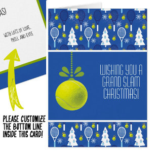 🎾🎄Custom text,  blue and  green Tennis bauble Cards