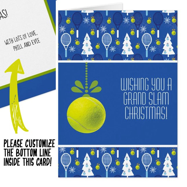 🎾🎄Custom text,  blue and  green Tennis bauble Cards (Creator Uploaded)
