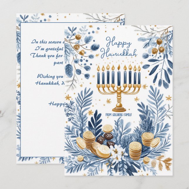 Custom text Blue Blossom Hanukkah Menorah Holiday Card (Front/Back)