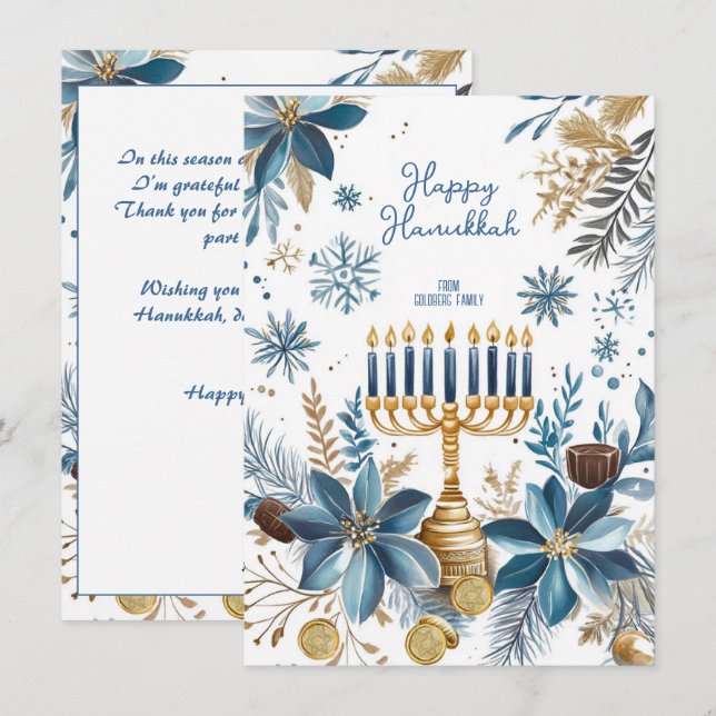 Custom text Blue Blossom Hanukkah Menorah Holiday Card (Front/Back)