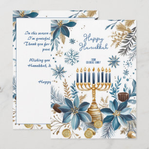 Custom text Blue Blossom Hanukkah Menorah Holiday Card