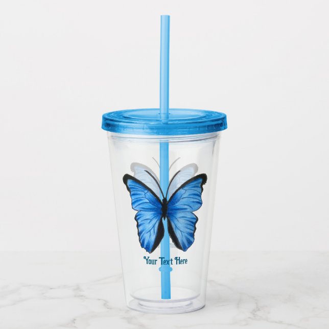 Custom Text Blue Butterfly Design Acrylic Tumbler (Front)